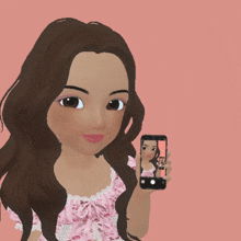 a girl in a pink dress is holding a cell phone