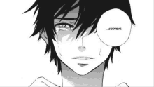 a black and white drawing of a boy crying with the words " goodbye " above him