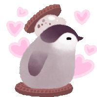 a penguin with a cookie on its head surrounded by hearts