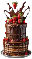 a chocolate cake with strawberries on top has the letters ac on the bottom