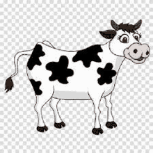 a cartoon cow with black spots on a transparent background .