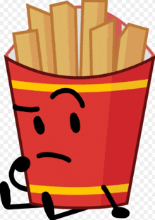 a red bucket of french fries with a stick figure face and legs