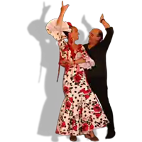 a man and woman are dancing together and the woman is wearing a floral dress