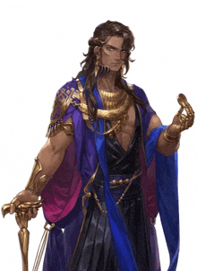 a man with long hair is wearing a purple robe and holding a sword