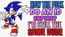 a picture of sonic the hedgehog with the caption how the fuck do an id expire