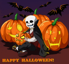 a skeleton in a vampire costume is holding a pumpkin with the words happy halloween written below it