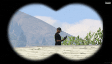 a screenshot of a video game shows a man looking through binoculars at something