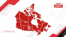 a red and white map of canada with msm unify in the corner