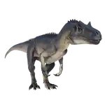 a dinosaur is standing on a white background and looking at the camera .