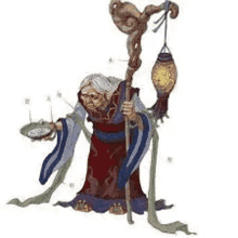 a witch is holding a cane and a lantern .