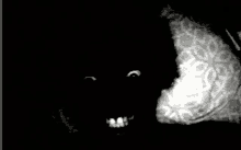 a black and white photo of a person 's face in the dark with a smile on their face .