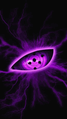 a purple eye with a lightning bolt in the background