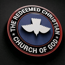 a logo for the redeemed christian church of god with a dove in a circle on a black background .