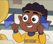 a cartoon boy wearing a yellow shirt that says hexside is holding two blue flags