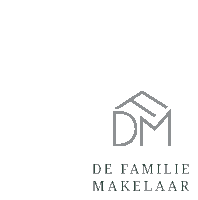 a logo for de familie makelaar shows a house with the letter dm on it