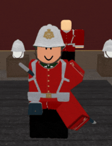 a cartoon character in a red uniform with a white helmet and a crown on it