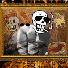 a picture of a skeleton with a guitar and a plate of spaghetti with the word rock on the bottom