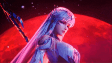 a girl with long white hair is standing in front of a red moon .