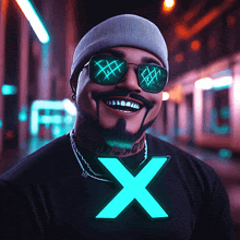 a man wearing sunglasses and a t-shirt that says x on it