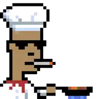 a pixel art drawing of a chef smoking a cigarette and holding a pan .