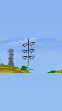 a minecraft scene with a lighthouse and a power pole