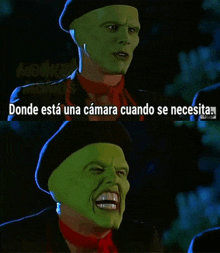 a picture of a man with a green mask and a caption that says donde esta una camara cuando se necesita