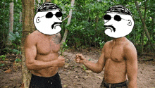 two shirtless men with cartoon faces on their heads are standing next to each other in a forest .