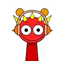 a cartoon drawing of a red monster wearing headphones and horns