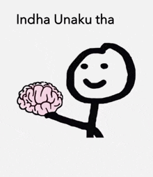 a drawing of a stick figure holding a brain with the words ' indah unaku tha ' on the bottom