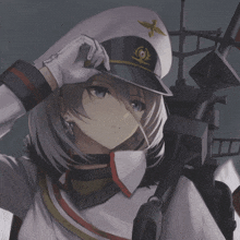 a girl in a military uniform with a hat that has an eagle on it