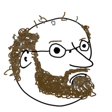 a drawing of a man with glasses and a beard has the letter g on his head