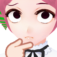 a cartoon girl with pink hair and a bow tie has her hand on her chin