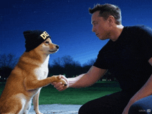 a man shaking hands with a dog wearing a beanie that says db