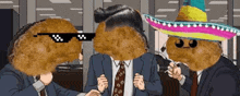 three chicken nuggets wearing sunglasses and a sombrero are standing next to each other in a room .