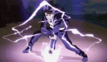 a man in a suit is standing in front of a purple lightning storm .