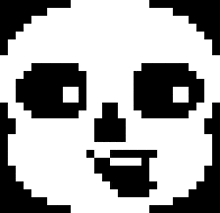 a black and white pixel art drawing of a panda 's face with a smile .