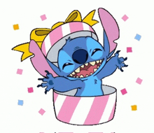 a cartoon of stitch coming out of a pink and white box