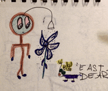 a child 's drawing of a stick figure with a flower and the words east dear below it