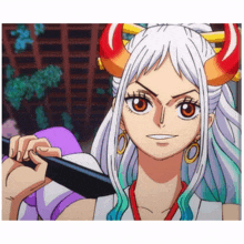 a girl with white hair and horns holds a sword