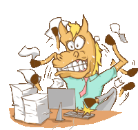 a cartoon drawing of a horse sitting at a desk with a computer