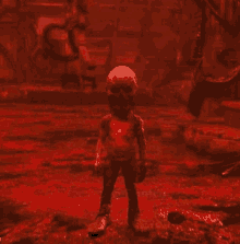 a red monster with a skull on its head is standing in a room