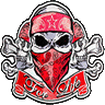 a skull wearing a red bandana and headphones is on a white background .