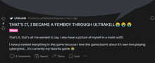 a screenshot of a post that says that 's it , i became a femboy through ultrakill