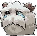 a cartoon drawing of a sheep with horns crying with tears in its eyes .