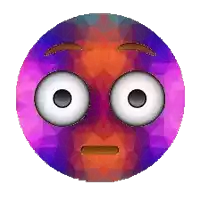 a cartoon face with big eyes and a purple and orange background