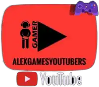 the logo for alexgamesyoutubers is a red button with a black triangle and a purple controller .