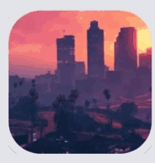 a sunset over a city with a lot of buildings and trees