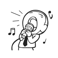 a black and white drawing of a man singing into a microphone with music notes behind him .