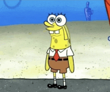 a cartoon character named spongebob is wearing a tie and standing on a beach .