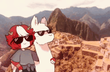 a cartoon of a girl and a llama wearing sunglasses in front of mountains